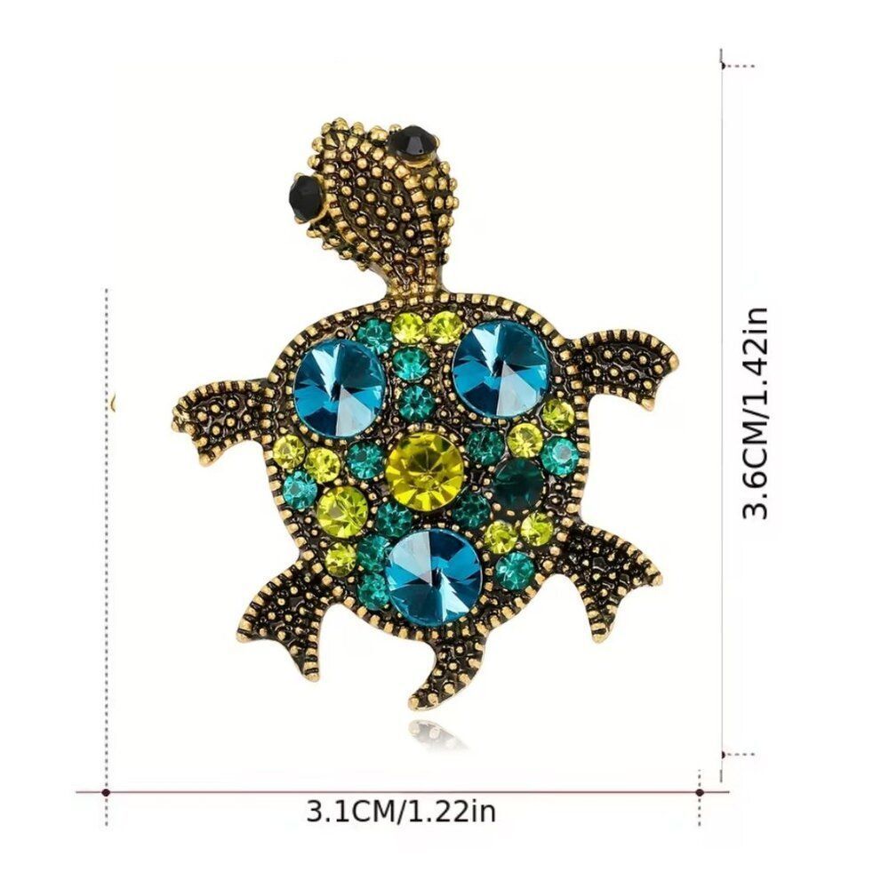Turtle Brooch Multi Color Green & Blue Rhinestones on Aged Metal - Picture 4 of 4
